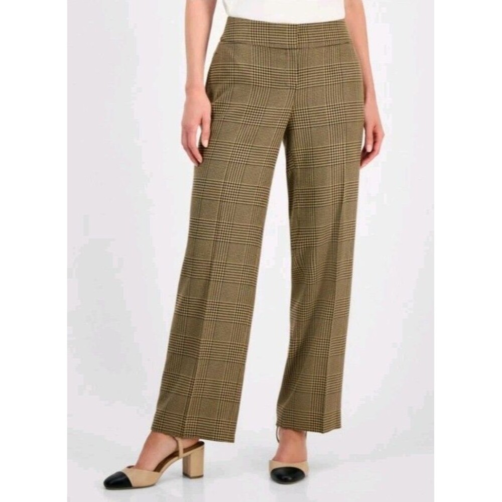 Kasper Plaid Check Straight Leg Pants Brown Glen Plaid High Rise Trousers Sz 14